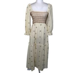 Boho Floral Embroidered Smocked Maxi Dress Gauze Fabric Milkmaid Dress Prairie M